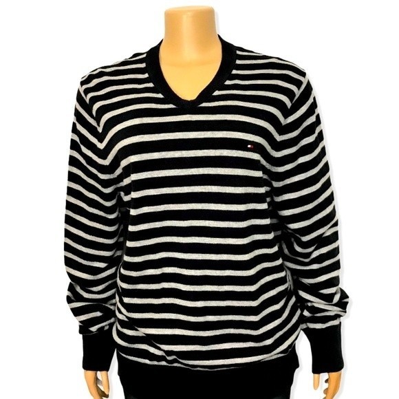 90s Tommy Hilfiger Sweater Striped Preppy V Neck pullover Blue and white size L - Picture 1 of 8